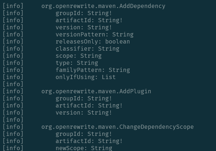 Recipes showing their configurable parameters. &quot;!&quot; means a parameter is required.